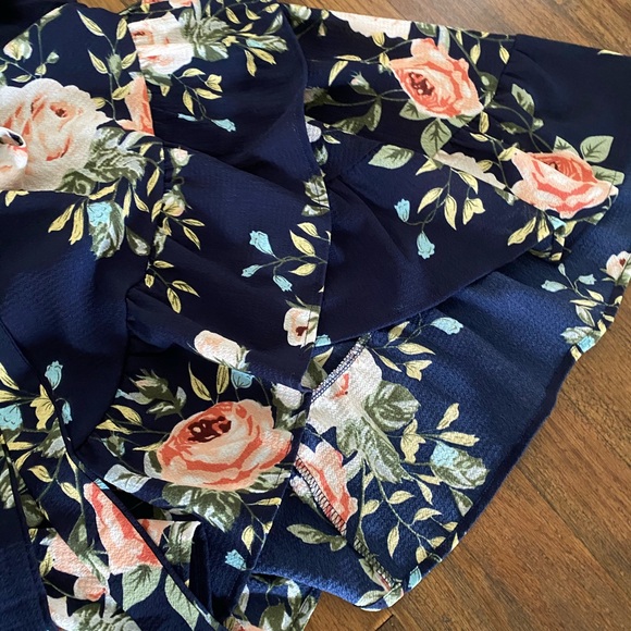 Dark Blue Floral Ruffle Wrap Dress - Picture 5 of 8
